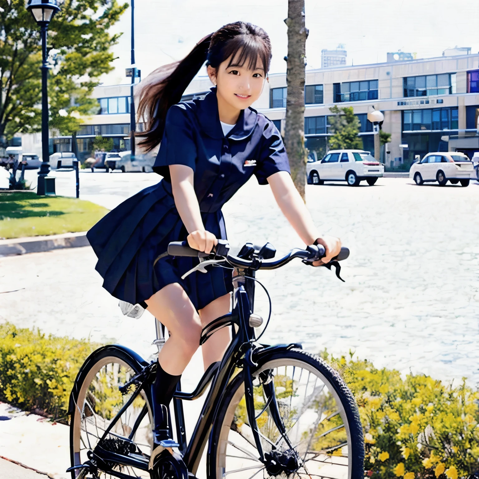 (masterpiece, highest quality:1.2), One girl, ride a bicycle, alone