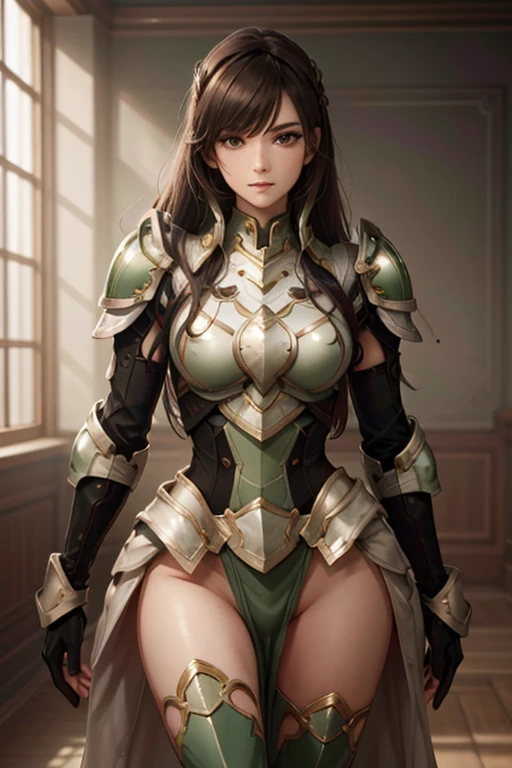 mountain,Hands on the head,, hxarmour,1 woman,(Green Armor:1.3),, very detailed,very delicate and beautiful,(With exquisite color blocks),masterpiece,best quality,Unreal Engine 5 Rendering,movie light,movie lens,movie special effects,More details,HDR,UHD,8K,CG wallpaper,