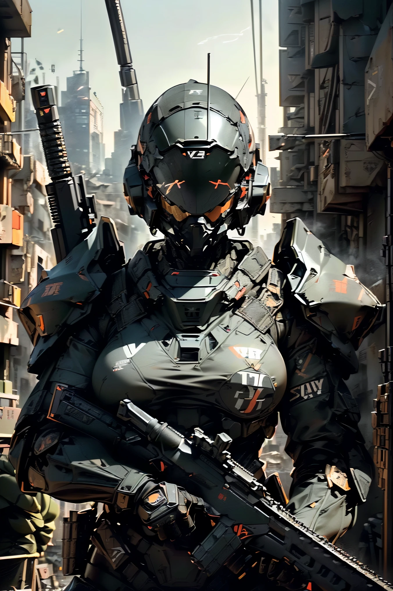 ((best quality, 8K, masterpiece: 1.2, ultra detailed, , a heavy mecha, hard surface)), (Armored core style: 1.0), (Big breasted woman wearing U.S. army robot armor GLOSSY BLACK equipment), (((aiming at something with a rifle:1.4))),(((Looking into the sights of a rifle:1.4))),(((black body:1.5))),(The armor has the U.. S. army logo...:1.4),(open tactical helmet:1.3),(A detailed eye:1.3),(A detailed face:1.3),(Detailed weapons:1.3),(detailed body:1.3),( full bodyesbian:1.5),(The background is a city of WAR...:1.5),natural