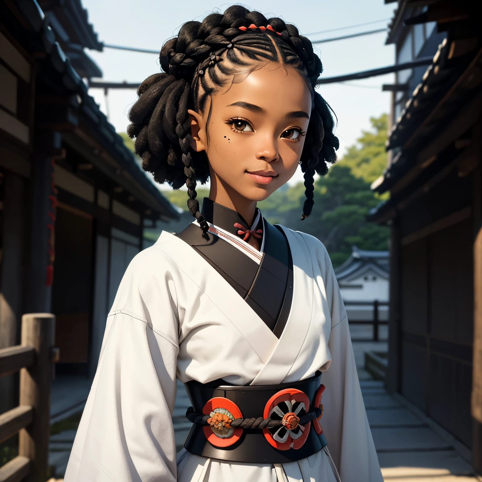 masterpiece, best quality), deep ebony 1girl, beautiful face, short Afro braids , cute, , beautify, Lofi vibe,, cute day vibe, concentrated, hands outside of the picture ,japan vibe ,samurai armour clothing, cute look, clothing is dry and baggy, small breasts, teen vibe, cute smile, black and white colour