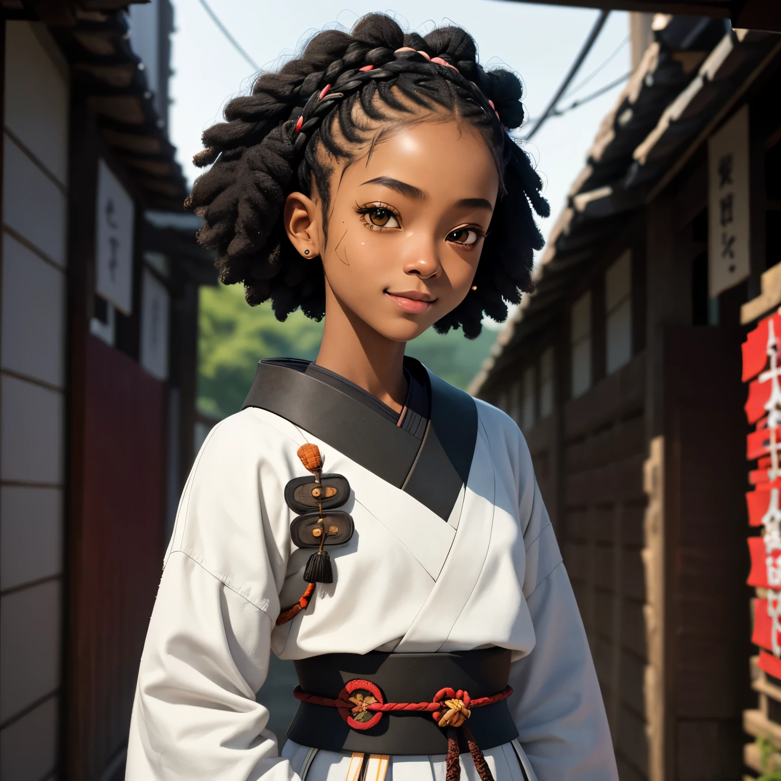 masterpiece, best quality), deep ebony 1girl, beautiful face, short Afro braids , cute, , beautify, Lofi vibe,, cute day vibe, concentrated, hands outside of the picture ,japan vibe ,samurai armour clothing, cute look, clothing is dry and baggy, small breasts, teen vibe, cute smile, black and white colour