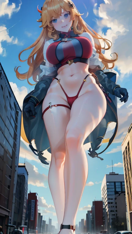 Giant Girl 50,000 feet high，Have a pair of long legs，Have a pair of huge breasts, Have a pair of huge breasts,Have a pair of huge breasts，Wearing a red bikini，Waist-length blonde hair，Loose hair，Wear a pair of Mary Janes，Blonde curly hair，Full of enjoyment，Standing tall in a crowded city, Vandalism，It seems to be an invincible existence,Beautiful appearance，Exquisite makeup，quality，8K，高quality，(Governor:1.5)，Perfect proportion, theater lighting，Film Grain，Fuji Colors，8K，Textured Skin，Super Detail，High Detail，high quality，high resolution，thunderclap，Fake laugh，Morning，Perfect body
