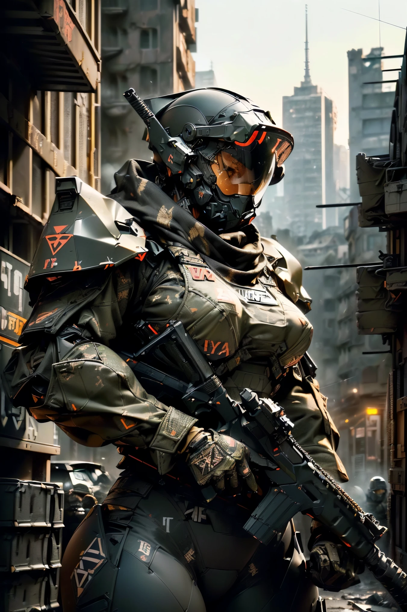 ((best quality, 8K, masterpiece: 1.2, ultra detailed, , a heavy mecha, hard surface)), (Armored core style: 1.0), (Big breasted woman wearing U.S. army robot armor GLOSSY BLACK equipment), (((aiming at something with a rifle:1.4))),(((Looking into the sights of a rifle:1.4))),(((black body:1.5))),(The armor has the U.. S. army logo...:1.4),(open tactical helmet:1.3),(A detailed eye:1.3),(A detailed face:1.3),(Detailed weapons:1.3),(detailed body:1.3),( full bodyesbian:1.5),(The background is a city of WAR...:1.5),natural