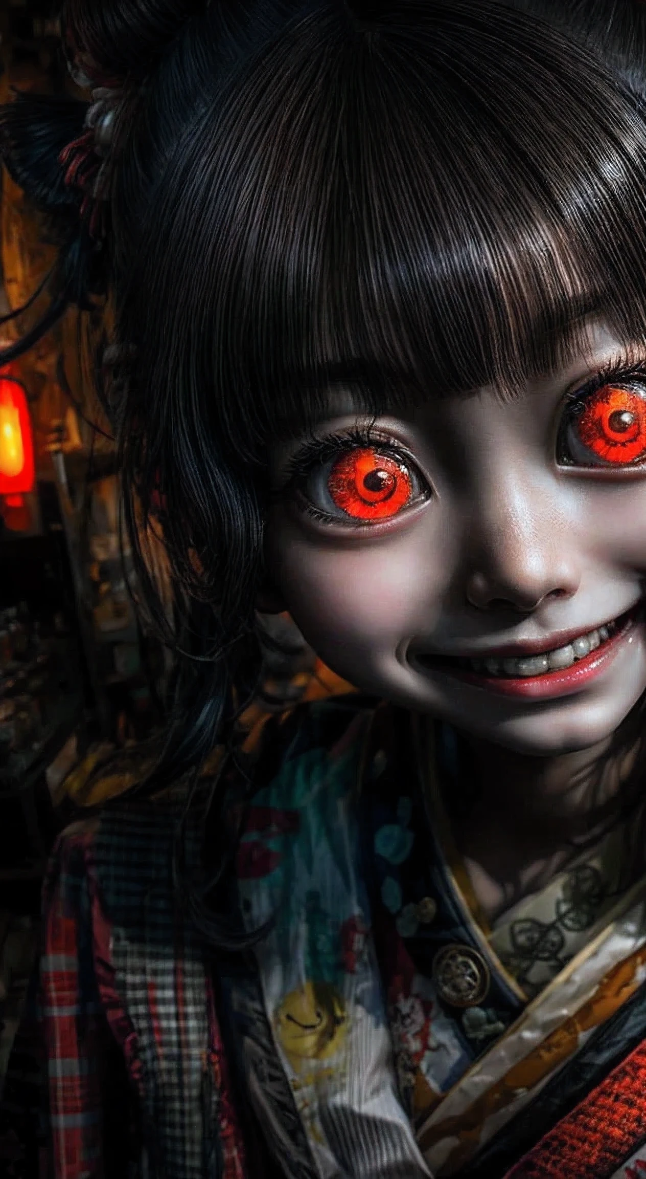 japanese girl, 20 years old, creepy, constricted pupils, small pupils, psychophony, psychotic, crazy smile, glowing eyes, fangs, tongue sticking out, constricted pupils, fire, messy hair, eerie background atmosphere