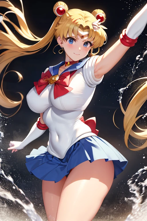 masterpiece, high definition, best quality, rendered art, well formed hands, fingers and body, 1 woman, solo, sailor moon , adult, grown up, twin tails, blonde, big breasted, cleavage, full body, , sexy sailor senshi uniform, short blue skirt, red boots, gorgeous hips, legs and thighs, blond, white elbow gloves, sailor collar, tiara, earrings,  she is fighting in a combat match, showing her fighting skills, making her guard, about to hit the viewer, looking at the viewer, sweating, bouncing breasts, smiling joyfully and brightly, being confident and proud, action and fighting scene, martial arts arena with beach environment    