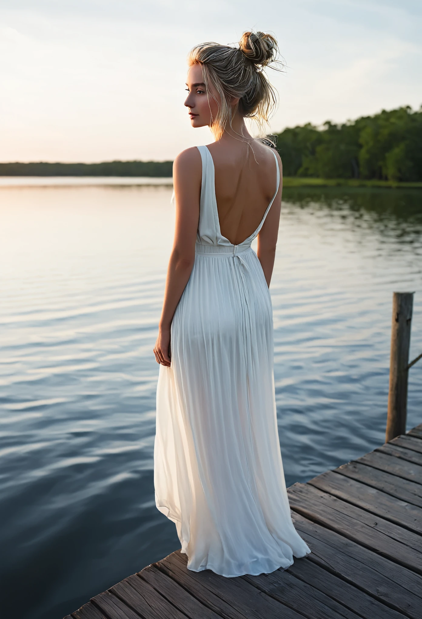 an eye contact of a blond with bun hair and dark theme ,Imagine a serene lakeside at sunset. A young woman stands on a rustic dock, gazing thoughtfully at the horizon. She’s dressed in a flowing white dress, her hair softly tousled by the evening breeze. One hand rests gently on her hip, and the other brushes a strand of hair from her face, her posture relaxed and reflective, capturing the peaceful essence of the moment.