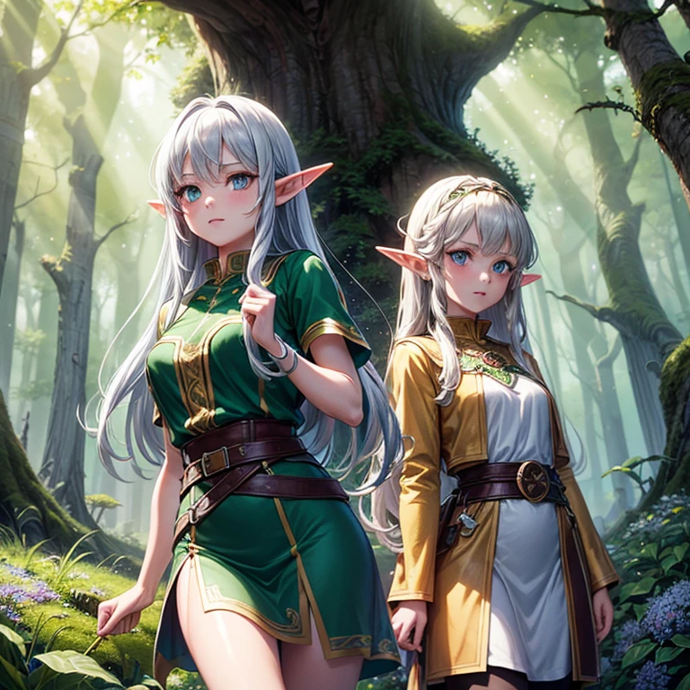 (8k, super details, award winning, high res), anime illustration, ((two elf girls)). One with long silver hair, green eyes. The other with short golden hair, blue eyes, in a green tunic. Set in a magical forest with glowing flowers and ancient trees.