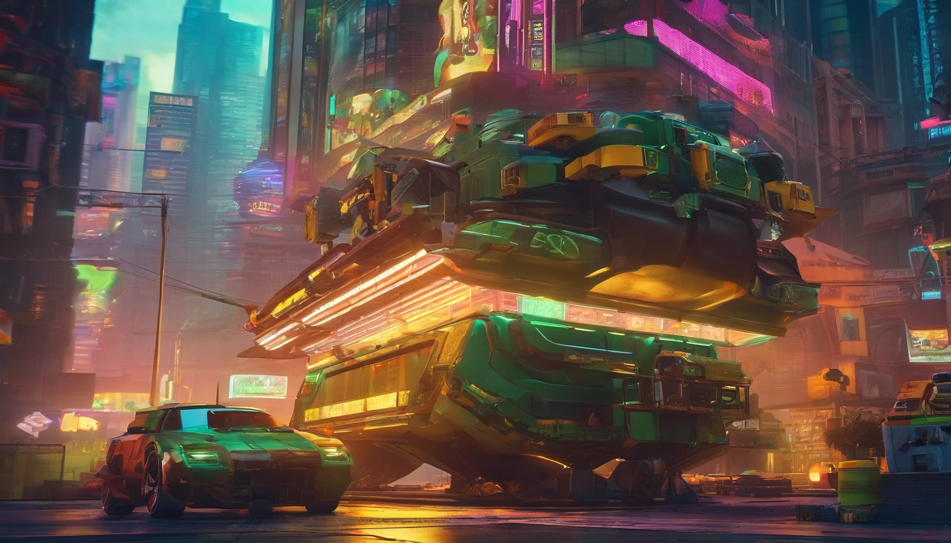 A captivating and futuristic cityscape comes to life with a vibrant and bustling atmosphere. The towering skyline is adorned with 🚧 🏗️ of office buildings, apartments, colosseums, flying machines, ⛪churches, temples, stores, and houses, creating a stunning view. People👫👭🧑🤝🧑🤼♂️🤼♀️ go about their daily lives, while others work diligently on numerous construction sites, adding to the city's dynamic energy. The focal point of the scene is a striking galacticpunk inspired vehicle that merges elements of a 1980s Mack Truck cab & a 1924 Deusenberg. This metallic gold colored with forest green matte colored vehicle features intricate gears, pipes, and metallic lemon colored matte, as it flies throughout the city.🏰🏯 There are forests 🌳 interwoven through everything buildings in the city.