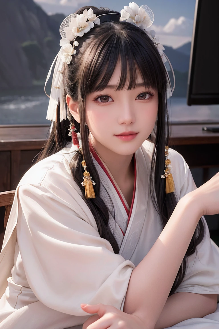 Face close-up, Ultra-fine face,woman, Chinese style, Ancient Wind,Hanfu, Sitting pose, Long white hair, Delicate clothing patterns, grace, Gorgeous, grace, smile,Sky Sky, ribbon,Sense of brokenness, It is, Bubble, Double up braid, Hairline, Diagonal bangs, hair band, hair ornaments,Sparkling, Cinema Lighting, Hyper HD, High resolution, 最high quality, 8k, High detail, high quality, Super Detail, Anatomically correct, masterpiece, Accurate,plump,Landscape painting,screen
