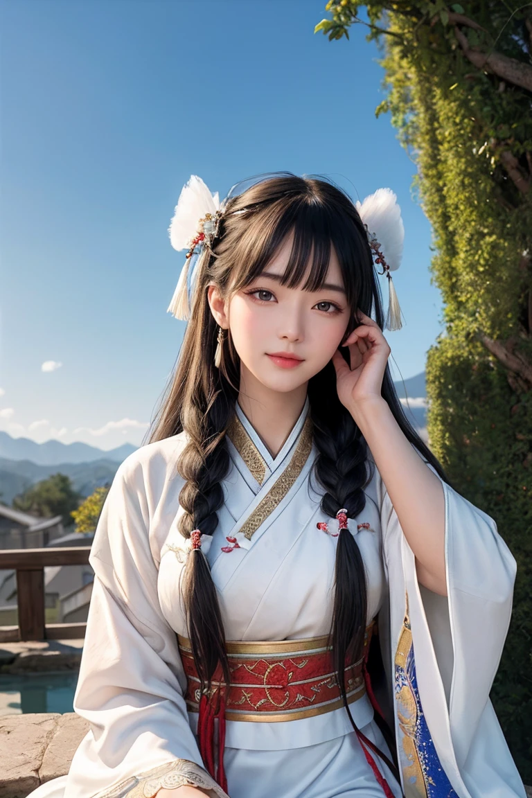 Face close-up, Ultra-fine face,woman, Chinese style, Ancient Wind,Hanfu, Sitting pose, Long white hair, Delicate clothing patterns, grace, Gorgeous, grace, smile,Sky Sky, ribbon,Sense of brokenness, It is, Bubble, Double up braid, Hairline, Diagonal bangs, hair band, hair ornaments,Sparkling, Cinema Lighting, Hyper HD, High resolution, 最high quality, 8k, High detail, high quality, Super Detail, Anatomically correct, masterpiece, Accurate,plump,Landscape painting,screen