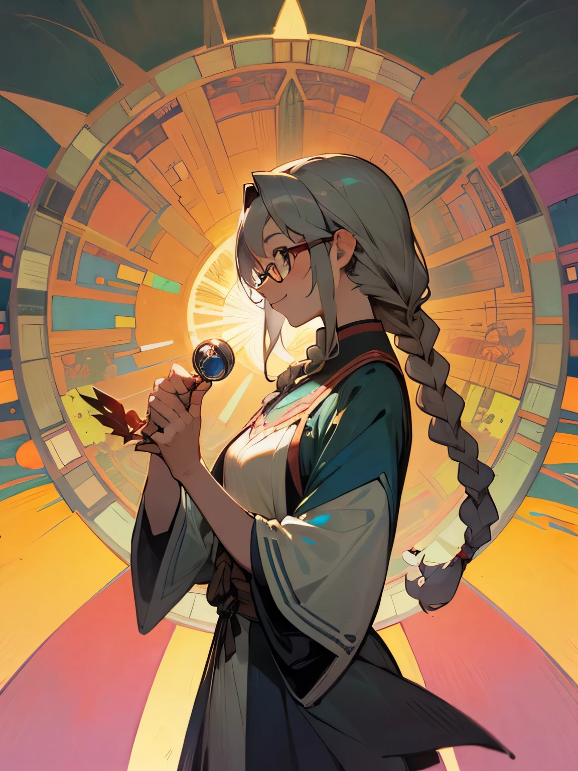 sideview, upperbody, single braids, gray ash hair, glasses, smile, planning something, gray mage clothes, nostalgic, kaleidoscope, Alphonse Mucha,