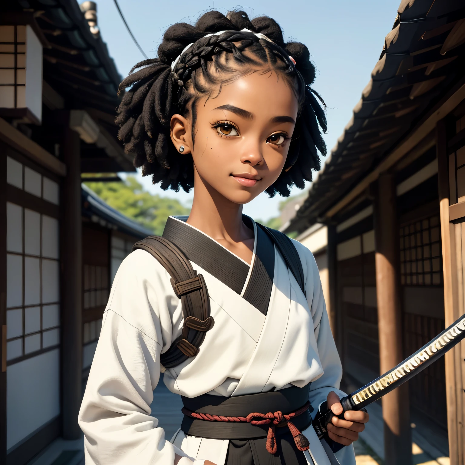 masterpiece, best quality), deep ebony 1girl, beautiful face, short Afro braids , cute, , beautify, Lofi vibe,, cute day vibe, concentrated, hands outside of the picture ,japan vibe ,samurai armour clothing, cute look, clothing is dry and baggy, small breasts, teen vibe, cute smile, black and white colour, with a katana