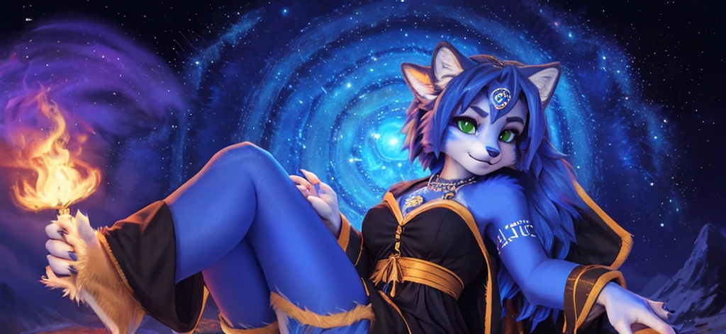 A beautiful and detailed (sweet portrait) von ((Krystal)), Sternenfuchs Krystal, Schlank, liebenswert, green eyes, , (((Lange blaue Haare 1.3))),  ((schwarze haarspitzen)), Dekollete, Grinsen, hoch schauen,, anthro, Pelzig, Hochgeladen E621, detailed flauschige fur, (von Fluff-Kevlar, Bayard Wu, Personalami, Pino Daeni), detailliertes Gesicht, (flauschige), 1 girl, Allein,  Stammes-Kleidung, sweet girl, solo, wears a mages robe 
