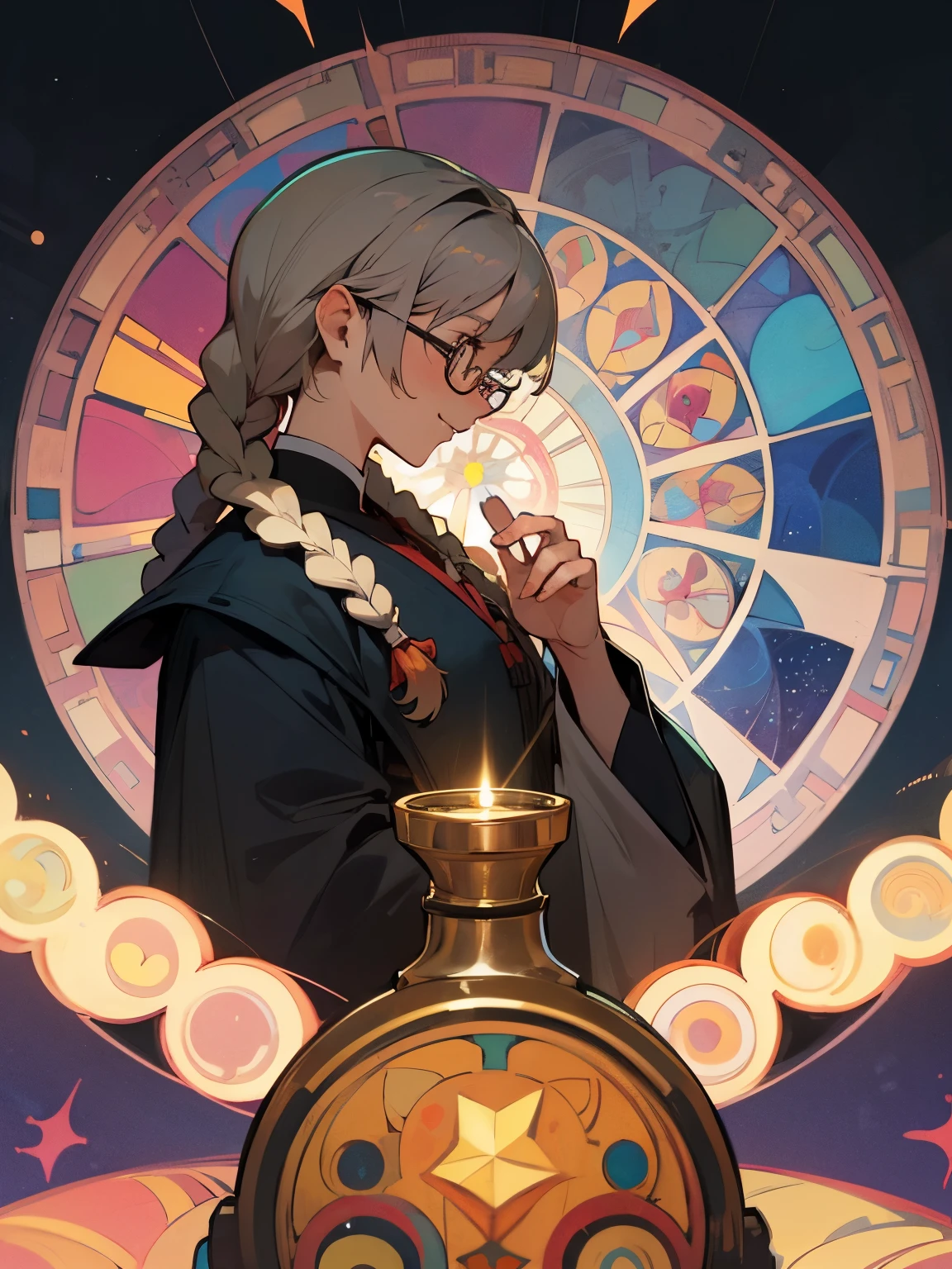 sideview, upperbody, single braids, gray ash hair, glasses, smile, planning something, gray mage clothes, nostalgic, kaleidoscope, Alphonse Mucha,perfect lighting,highest quality