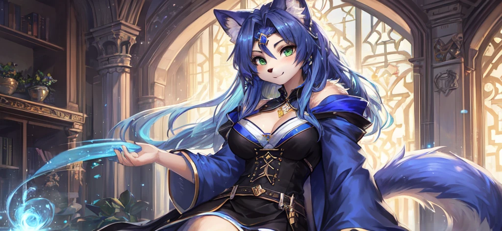 A beautiful and detailed (sweet portrait) von ((Krystal)), Sternenfuchs Krystal, Schlank, liebenswert, green eyes, medium breasts, (((Lange blaue Haare 1.3))), ((schwarze haarspitzen)), Dekollete, Grinsen, hoch schauen,, anthro, Pelzig, Hochgeladen E621, detailed flauschige fur, (von Fluff-Kevlar, Bayard Wu, Personalami, Pino Daeni), detailliertes Gesicht, (flauschige), 1 girl, Allein, Stammes-Kleidung, sweet girl, solo, wears a mages robe