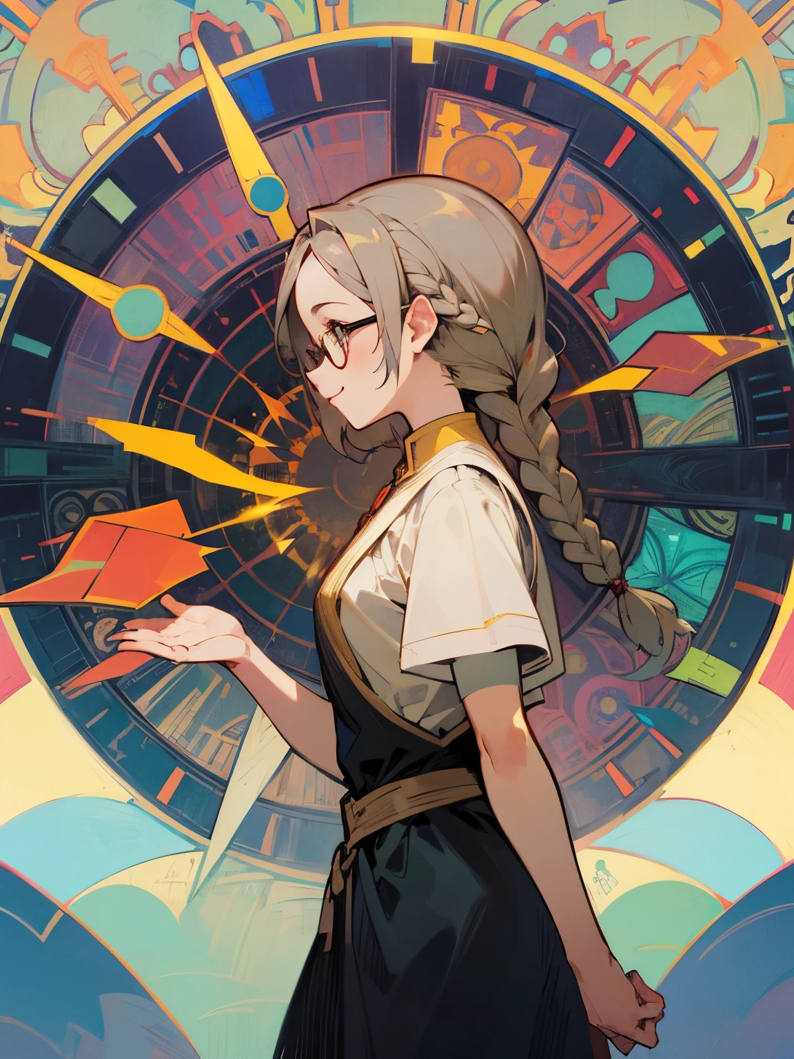 sideview, upperbody, single braids, gray ash hair, glasses, smile, planning something, gray mage clothes, nostalgic, kaleidoscope, Alphonse Mucha,perfect lighting,highest quality