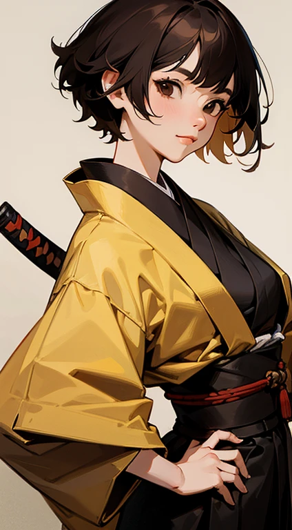 1 woman, alone, Japanese clothes, Short hair, weapon, knife, brown eyes, looking at viewer, kimono, brown hair, Lips, put hands on hips, sheath, laugh, katana, black hair, upper body, closed mouth, sheathed, hand up  