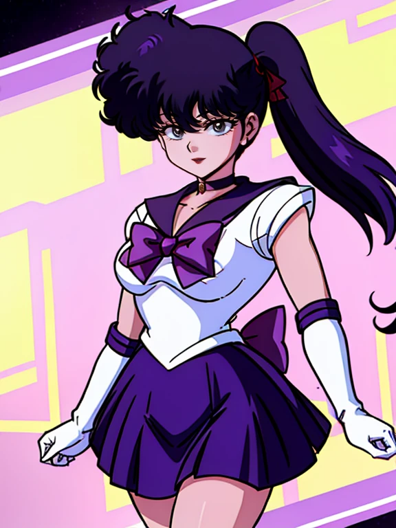 kodachi kuno ,sidetale, sailor senshi uniform, purple skirt,, tiara, purple sailor collar, red bow, purple choker, white gloves, jewelry, smile