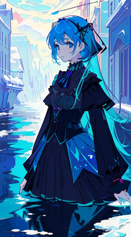 (Masterpiece, Top quality, Best quality, Beautiful and aesthetic:1.2), (1girll:1.3),( Flat color:1.3), high resolution, Extremely detailed, Original, Colorful, colored splashing, water, spatter, Atmospheric perspective, shoulder length blue hair, icy blue white eyes, goth witch clothing, fishnets, purple magics