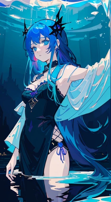 (Masterpiece, Top quality, Best quality, Beautiful and aesthetic:1.2), (1girll:1.3),( Flat color:1.3), high resolution, Extremely detailed, Original, Colorful, colored splashing, water, spatter, Atmospheric perspective, shoulder length blue hair, icy blue white eyes, goth witch clothing, fishnets, purple magics