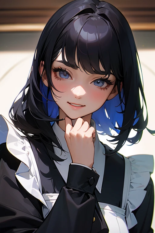 (Highest Resolution, clear_image) highest quality, One woman, alone, masterpiece, Very detailed, Semi-realistic, Black Hairのショートヘア, Black Hair, bangs, 18-year-old, mature, light blue uniform, uniform, Indoor Background, kind, Authoritative, Powerful, exquisite features, exquisite features、Eyelashes become longer、Showing teeth、smile😀、Maid clothes、woman'Fingers in the、Sleeping on the sofa、Long Hair、Fluttering in the wind、Navy blue clothes、Long Hair、I'Carrying the plate、Long Hair、