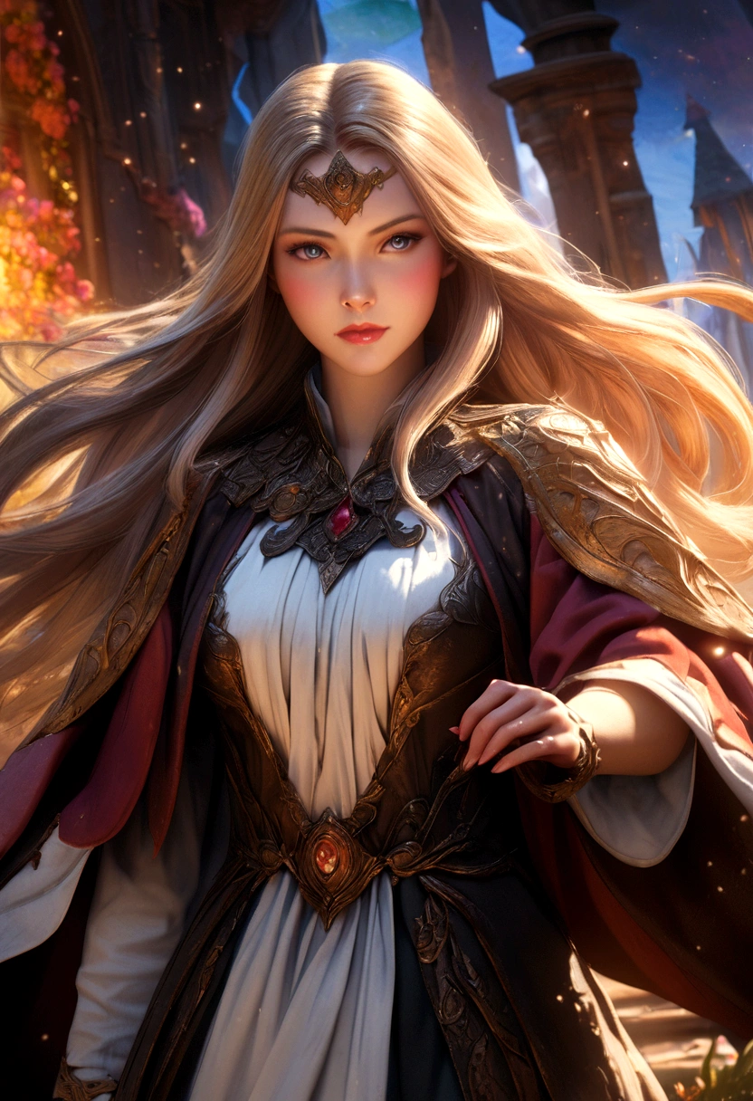a beautiful female mage in a fantasy manga style, elegant dress, long flowing hair, detailed facial features, intricate magical effects, colorful fantasy landscape background, cinematic lighting, highly detailed, photorealistic, 8k, masterpiece