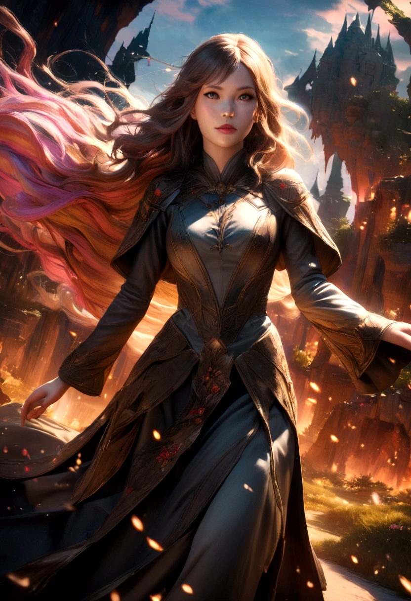 a beautiful female mage in a fantasy manga style, elegant dress, long flowing hair, detailed facial features, intricate magical effects, colorful fantasy landscape background, cinematic lighting, highly detailed, photorealistic, 8k, masterpiece