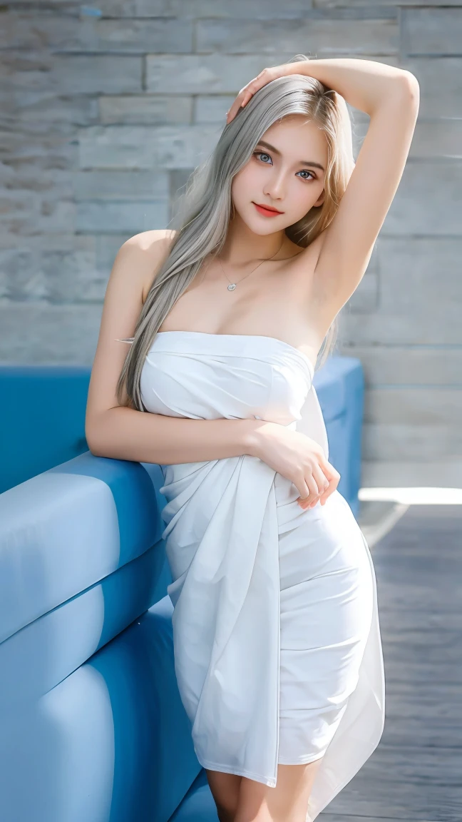 Gorgeus Girl, Beautiful, Baby Face, 20 Years Old, White Skin, Silver hair, white wavy long hairstyle, side Sexy Pose :1.5, (( white sarong dress)), medium breasts,  horney expression, armpit, Blue Eye, slim body, Bokeh, dark Background, dynamic lighting studio, Masterpiece, Fullbody Shot,  attractive, seductive pose, (pov supine)