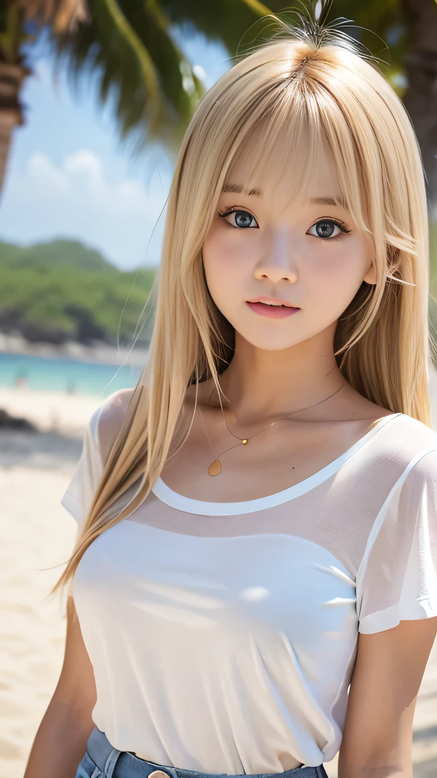 Sunburn marks on tanned skin、blush、Bright blonde hair,A cute with a cute look, A strong wind blows my hair in front of my face、Beautiful big sparkling eyes, Cute eyes hidden by long bangs、Yawn、No visible nasolabial folds、A short, light-colored miniskirt、Multi-colored summer shirt、Korean Beauty