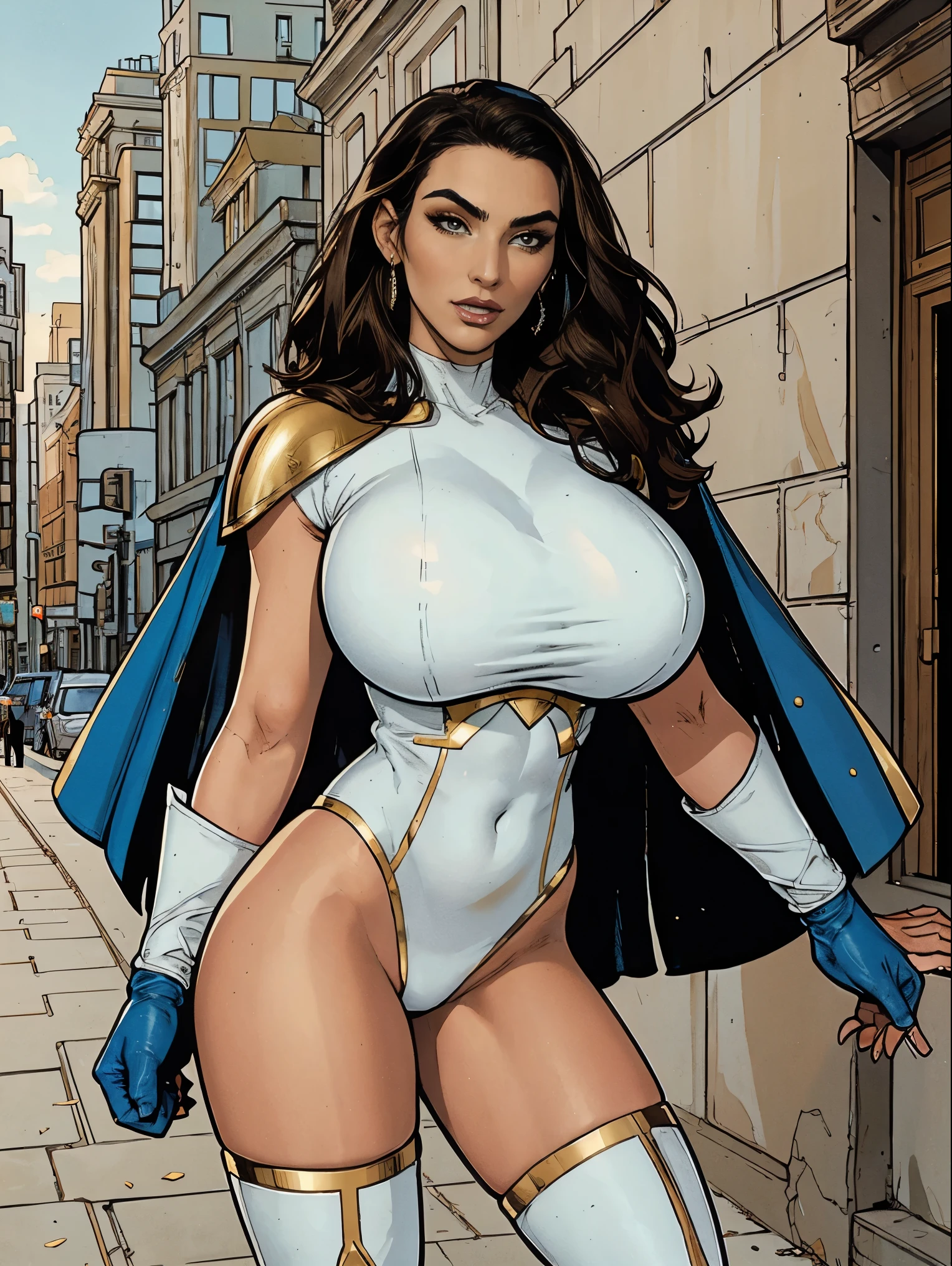 Gorgeous and sultry busty athletic (thin) brunette with sharp facial features wearing a white and gold superhero leotard, dark blue cape, gloves, thigh-high boots. Standing, city street.