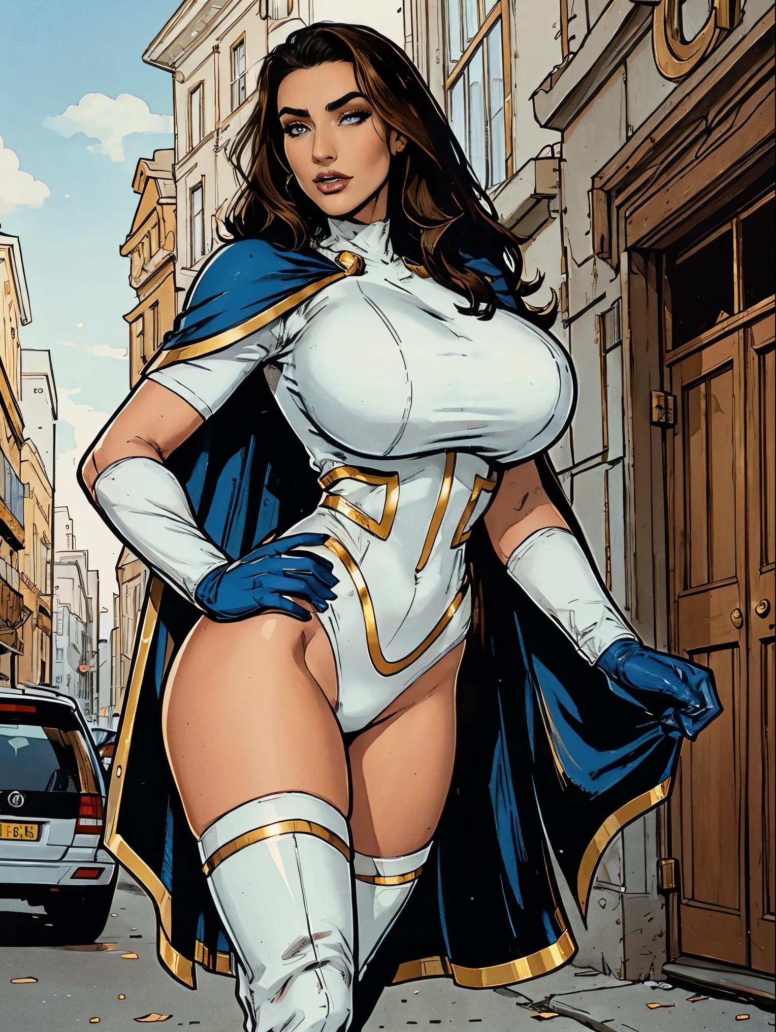 Gorgeous and sultry busty athletic (thin) brunette with sharp facial features wearing a white and gold superhero leotard, dark blue cape, gloves, thigh-high boots. Standing, city street.