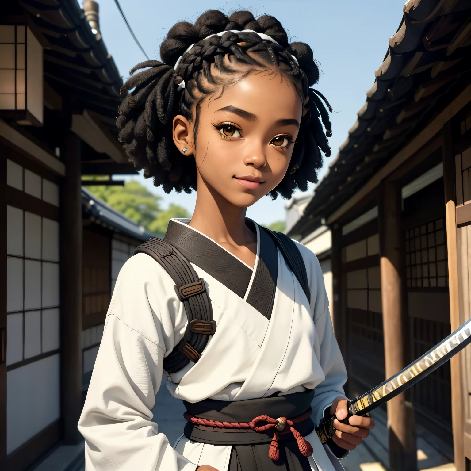 A young boy, long black and white tipped dreadlocks, black eyebrows, white eyelashes, pale blue gray eyes, baggy eyes, half lidded eyes, dark skin, black skin, African American (NO WHITE/LIGHT SKIN) black oversized Haori, black Hakama, black combat boots