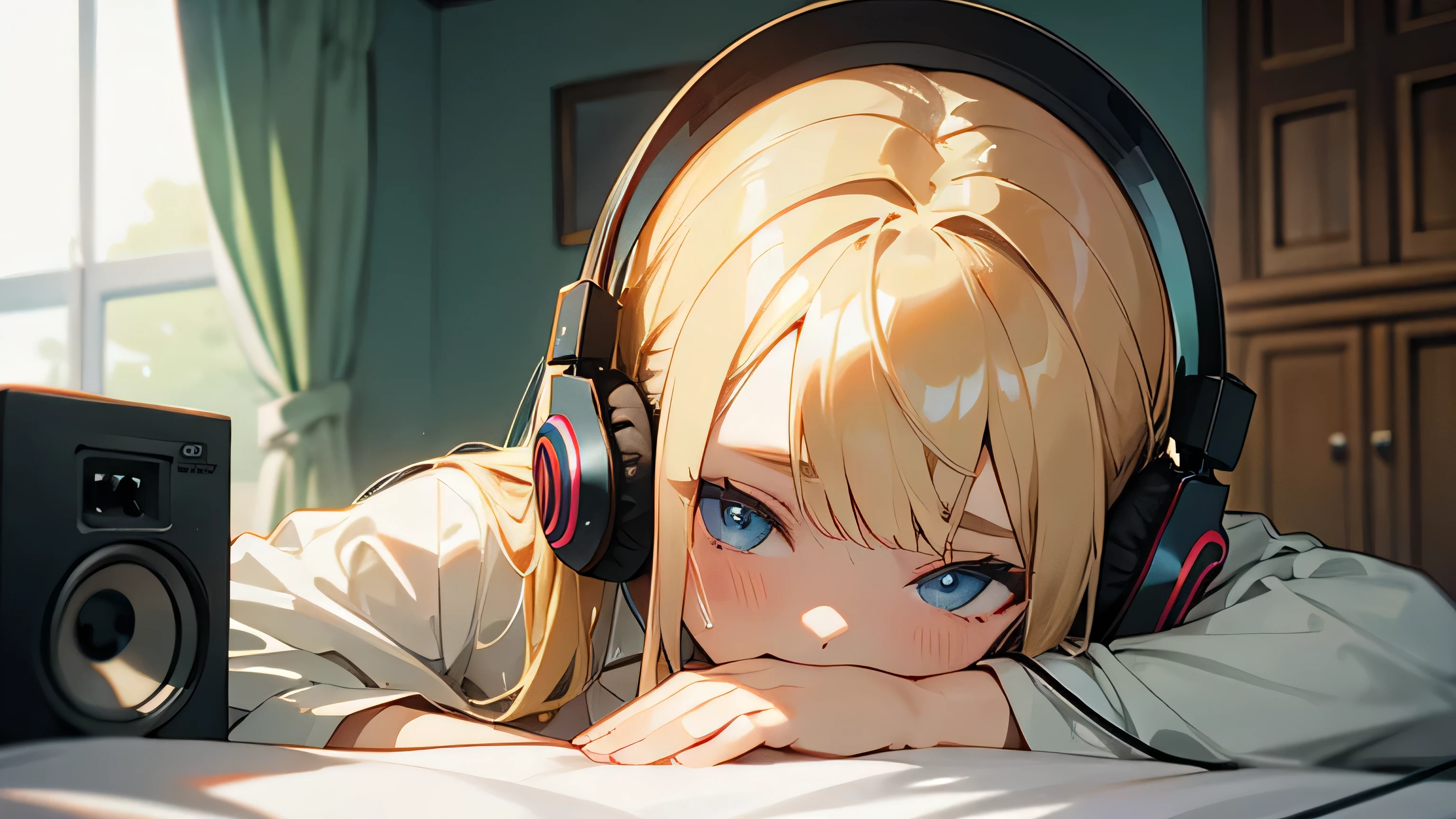 Room with speakers、Cat with headphones、Face close-up、morning、Blonde、