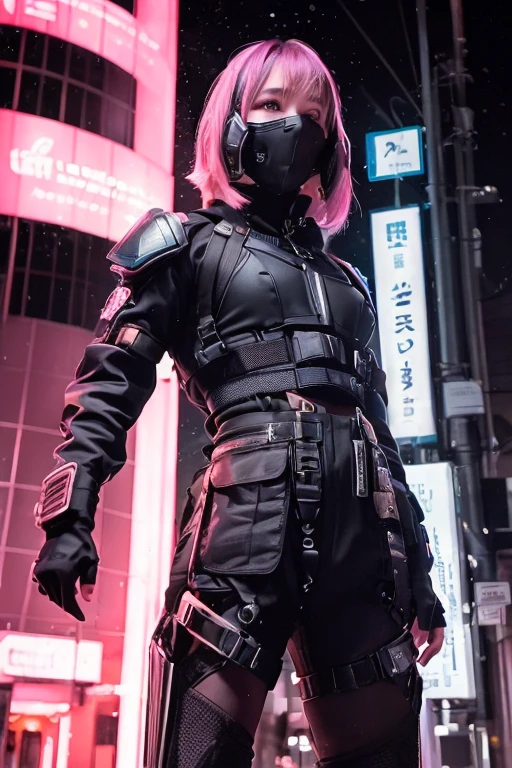 a malay teenage girl in hijab and mecha suit holding samurai sword in fighting pose in front of crowded bustling kuala lumpur malaysia city streets, serious face, nighttime, 35mm lens, establishing shot, pastel color grading, depth of field cinematography effect, film noir genre, 8k resolution, high quality, ultra detail