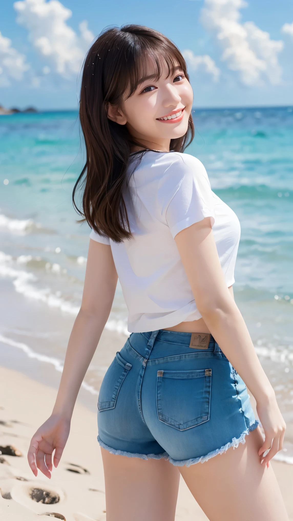 (highest quality、masterpiece、8k、Best image quality、Hyperrealism、Award-winning works)、1 female、(alone:1.3)、(1 photo:1.2)、(thin, tight short-sleeved T-shirt:1.1)、(very short ripped distressed shorts:1.1)、(Torn and torn shorts:1.1)、(Shorts with exposed fabric:1.2)、(torn shorts:1.1)、(Standing Elegantly:1.2)、(最も自然でWideい々Standing on a beautiful and perfect beach:1.3)、(Wide々Standing on the beautiful, clear shore:1.3)、(Beautiful perfect sandy beach:1.2)、(Beautiful sunny sky:1.1)、(Beautiful thunderclouds:1.1)、Beautiful sea、(透き通って鮮やかなBeautiful sea:1.1)、Complex sea glow、Beautiful seaの詳細が描かれています、(Full body photo of a woman standing gracefully:1.3)、(Accentuate your body lines:1.1)、(thick and beautiful legs:1.3)、(Attractive body:1.2)、(Big Breasts:1.3)、(Big Ass:1.2)、(Protruding buttocks:1.2)、(Low length:1.2)、(short:1.1)、(Rear view:1.3)、(Turn your ass towards me:1.1)、(Looking back:1.1)、Accurate anatomy、Perfect Makeup、Long eyelashes、Glossy lips、Ultra HD glossy skin、(Ultra-high definition, bright and beautiful skin:1.1)、超高精細のGlossy lips、Ultra-high definition beautiful teeth