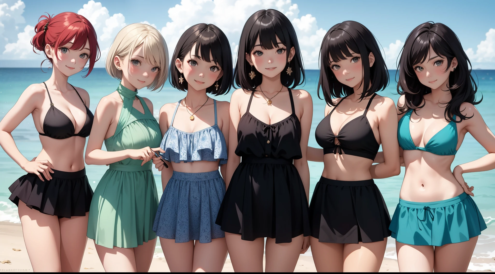 (highest quality:1.1), (masterpiece:1.2), Five Girls,Swimwear,Are standing,High Quality Shadows, Beautiful details, Beautiful Face, Fine grain,Depth of written boundary, High resolution, Best Shadow, Best lighting, daughter, Displaying the viewer, (Five-colored hair:1.3),Brush Cut,Very short hair, Blunt bangs, Long Hair, Iris, shy, Big Breasts, mini skirt, Swimwear, pump, Sea Beach,green,cloud, Sunburn,Boo Markers,Cleavage,Looking into the camera,smile,closeup Cleavage,Super Skirt