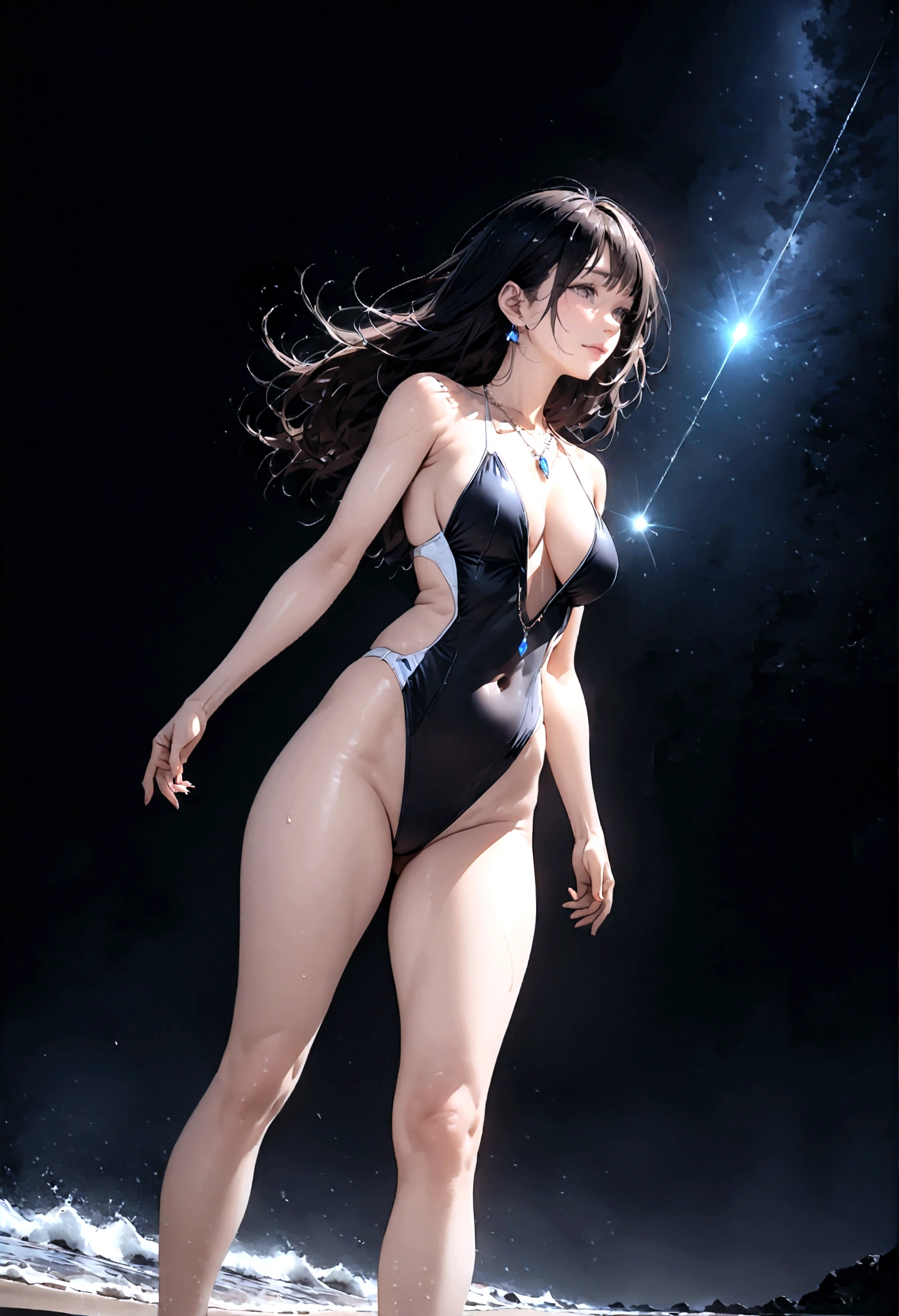 8k, masterpiece, RAW Photos, highest quality, Realistic, Very detailed, Depth of written boundary, Cinematic Light, Anatomically correct body,
One beautiful 40 year old woman, Very beautiful face, Exquisitely detailed face, (A calm and gentle face:1.4), Very delicate skin texture, Transparent muscle, Shiny white skin, Glamorous Body,
(Wavy black long hair:1.2), Sexy Breasts, Sexy ass,
(Hentai Swimsuit:1.4), (Detailed cloth texture:1.2), (Gorgeous jewel-studded body chain accessories:1.3), (Gorgeous necklace:1.1), (Gorgeous earrings:1.1),
(Dark starry background:1.4), (Milky Way:1.1), (milky way:1.1), (shooting star:1.1), (Dark coastline at night:1.4), (Pitch black sea surface:1.4),
(Standing on the beach:1.2),
(Ultra low angle shots:1.5),