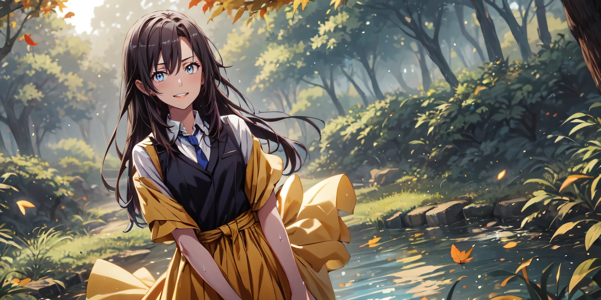 1girl, blue_eyes, solo, long_hair, leaf, breasts, short_sleeves, tree, looking_at_viewer, nature, outdoors, pointy_ears, black_hair, necktie, forest, dress, day, necklace, jewelry, petals, bokeh, autumn, water drop, (cinematic:1.3), sweating, hollow eyes, bright pupils,  grey eyes, looking at viewer. glowing eyes, heavy breathing, smirk, upper teeth, 