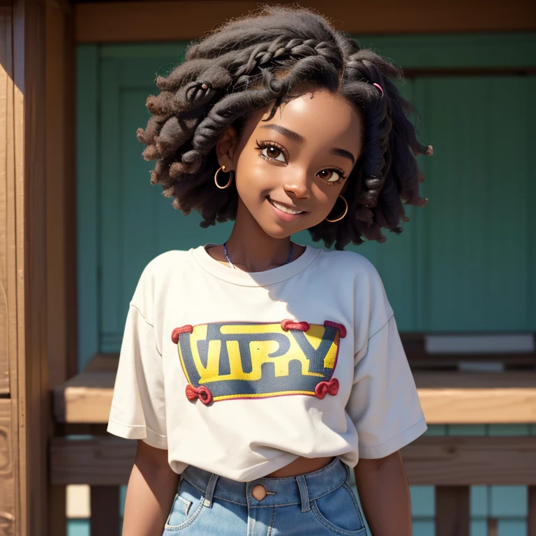 masterpiece, best quality), deep ebony 1girl, beautiful face, short Afro braids , cute, , beautify, Lofi vibe,, cute day vibe, concentrated, hands outside of the picture, Toy Story vibe vibe , cowgirl clothing, cute look, clothing is dry and baggy, small breasts, teen vibe, cute smile, 