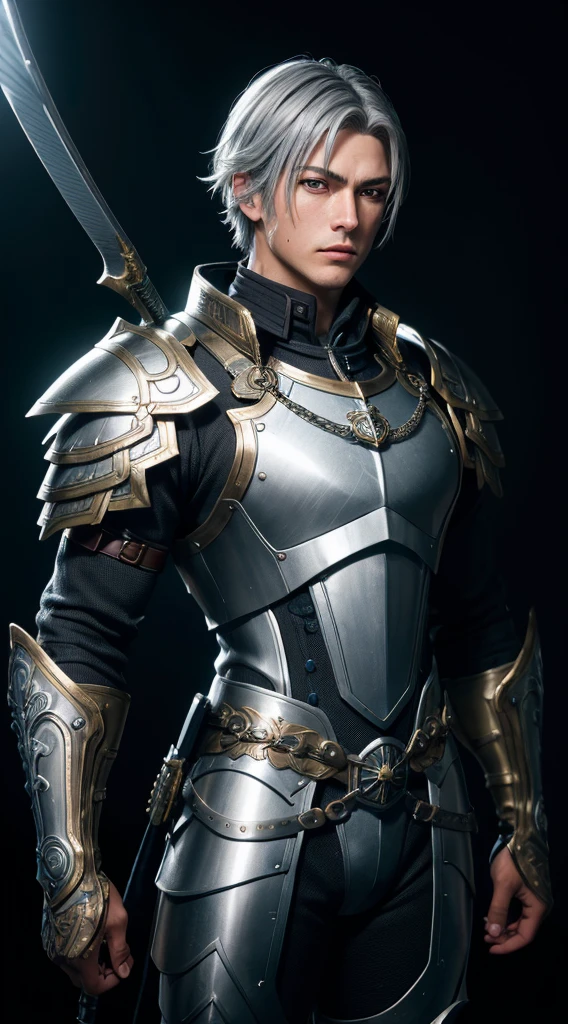 (absurd, mackerel, very detailed, HDR), masterpiece, best quality, Valkyrie Profile Character Handsome Boy in Black Gold Valkyrie Suit Short Hair Wearing Headgear Silver Gray Hair,delicate hands