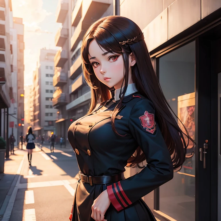 ((Anime character with elegant uniform)), brunette girl, artwork in the style of guweiz, in an anime style, anime clerk girl, anime girl with uniform, anime style portrait, in anime style, digital anime illustration, flat anime style shading, red eyes, ((Outside a modern building))