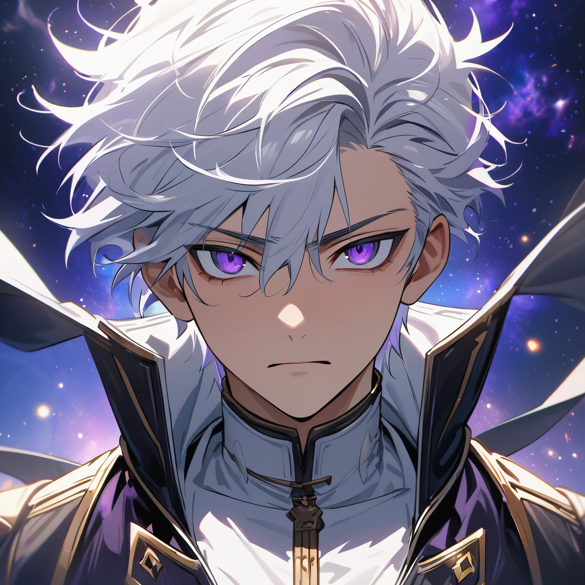 High quality, HD, 4k, handsome male, 1male, 17 years old, teenager, golden lining, short white hair, sharp eyes, dark purple eyes, deep purple eyes, devil may cry, close up, calm expression, stoic expression, black leather clothes, white leather clothing, lean and muscular, upper body, looking at viewer, cowboy shot, white solar, space background