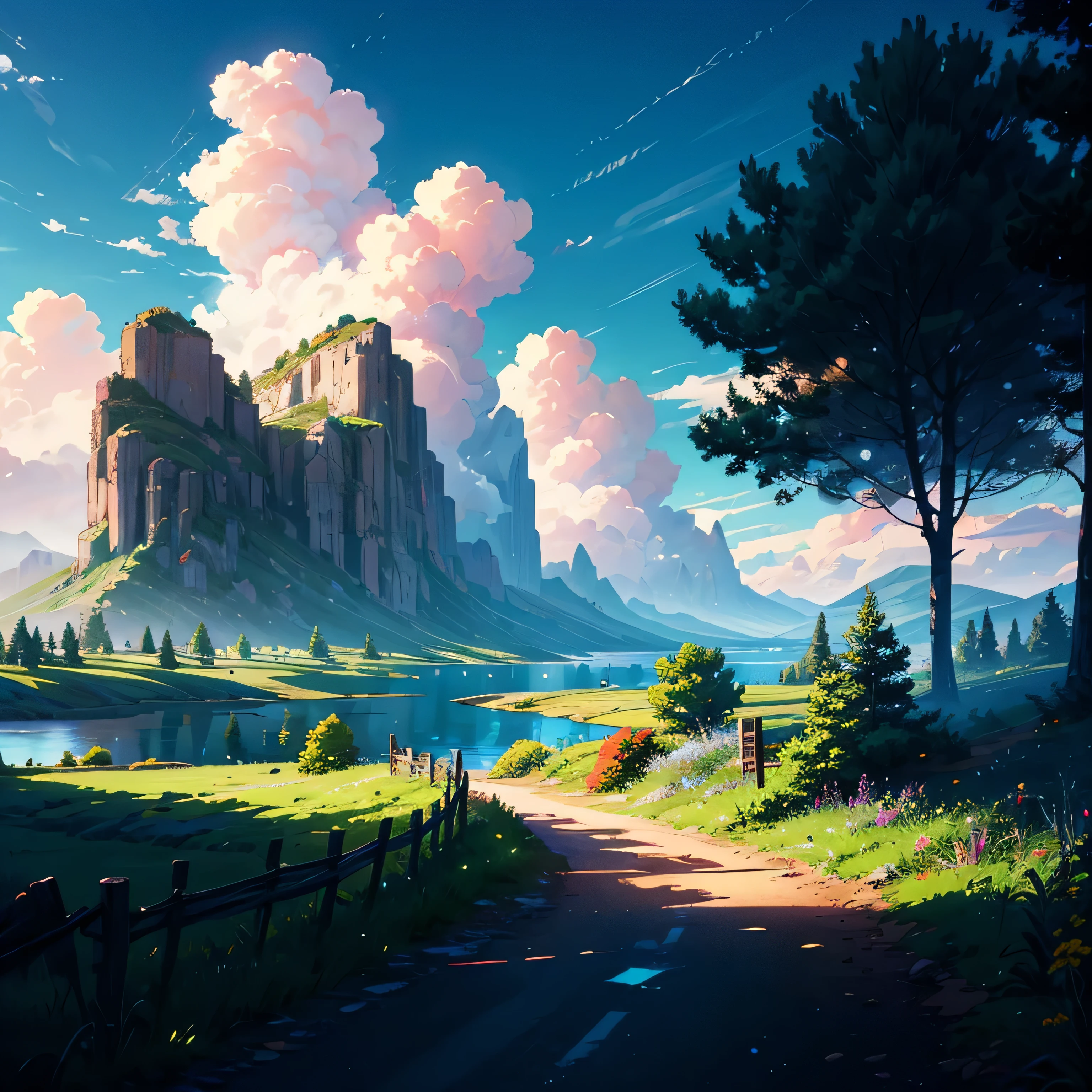 a small dirt road with wooden fence leading to a big lake, big sky with clouds, lush greenery, digital anime art style, highly detailed, 8k, masterpiece, photorealistic, vivid colors, cinematic lighting, dramatic angle, beautiful landscape