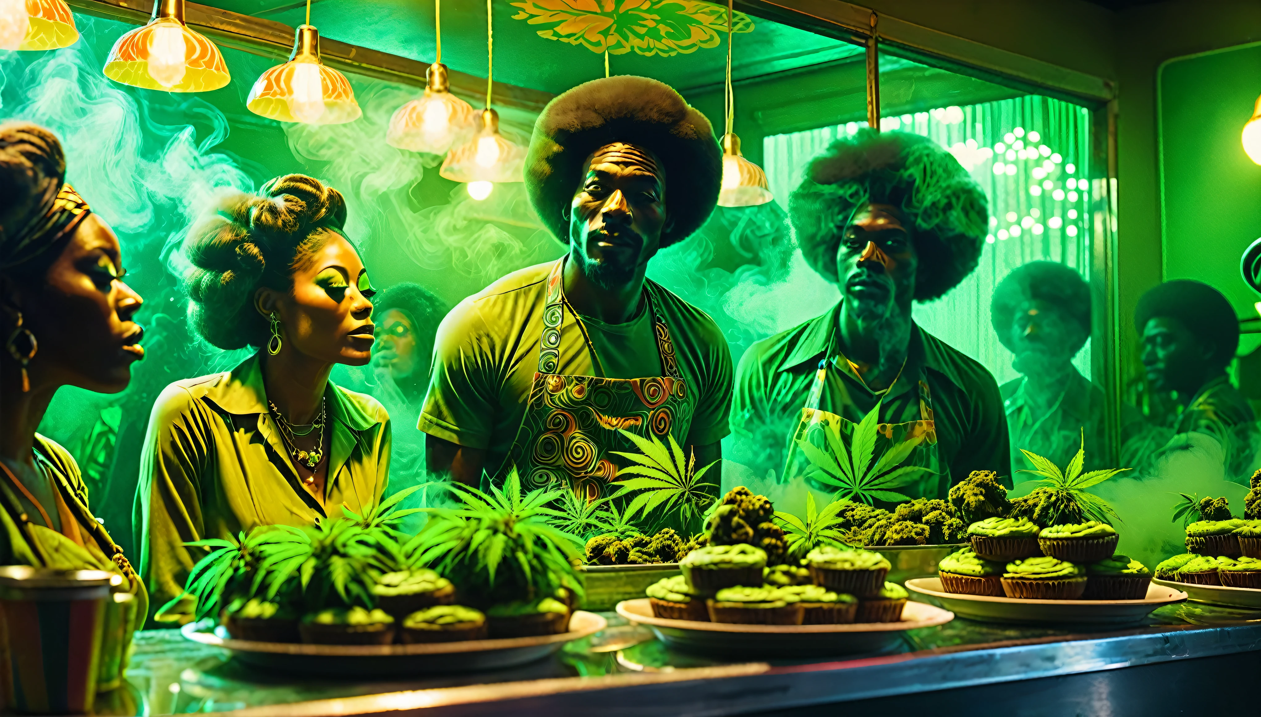 1970s psychedelic marijuana bakery, African-American people, green smokey atmosphere, 35mm, atmospheric perspective, depth of field, cinematic lighting, reflection light, backlighting, masterpiece, anatomically correct, textured skin, super detail