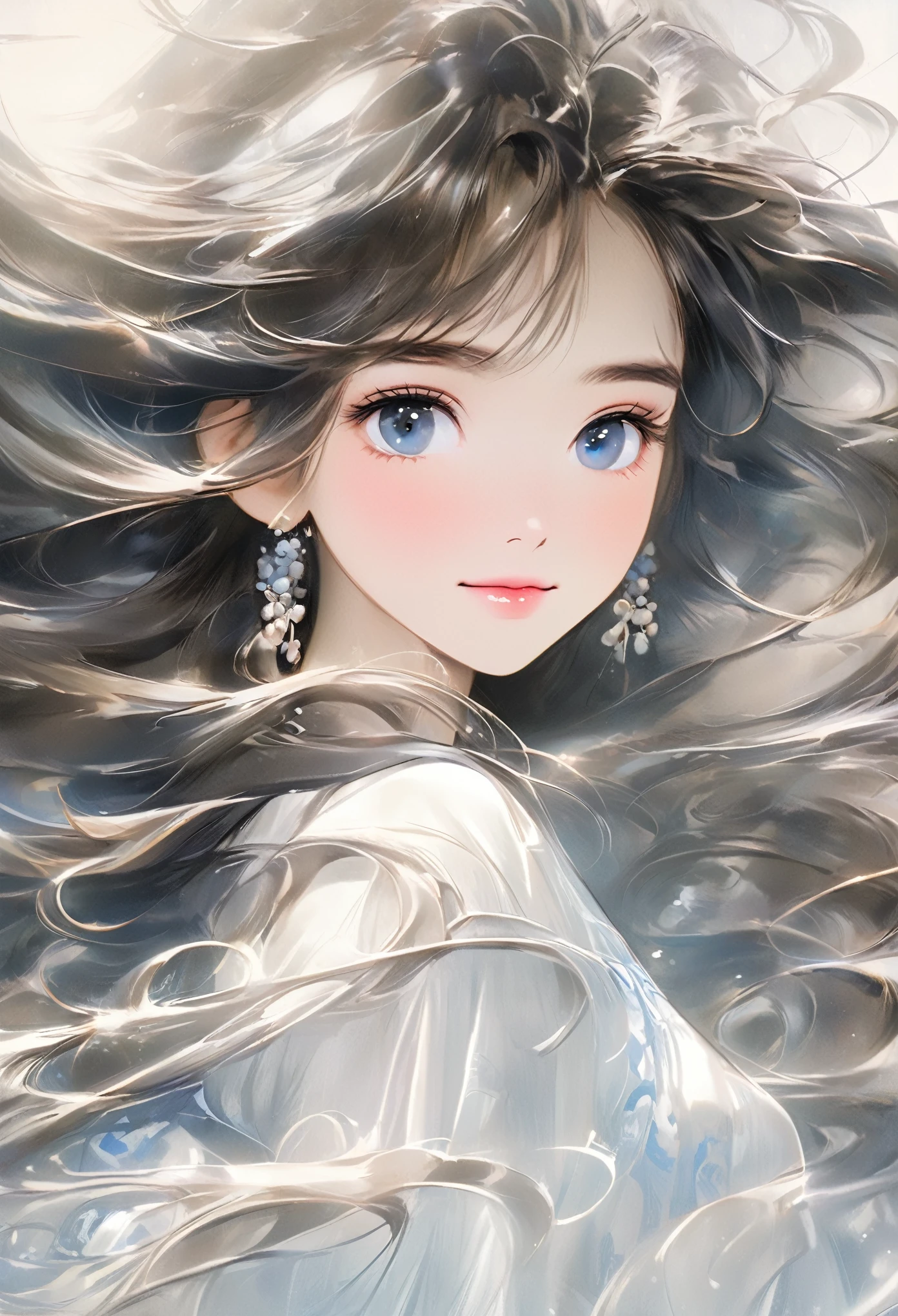 Chinese Girl, Sweet and charming girl, big eyes, illustration, long hair, Weaving, Fluffy hair, front, Film Angle, Reflective hair, 水汪汪的big eyes, Looking at you, Facial details, facial focus, masterpiece, 最OK品質, extremely delicate and beautiful, Dynamic angle, Intricate details, Beautiful and delicate eyes, Delicate face, Exquisite facial features, gentle lips, real, charming, focus, clear lines, 8k high resolution, OK, Smile, Wearing a white dress, Stylish and beautiful, Depth of Field