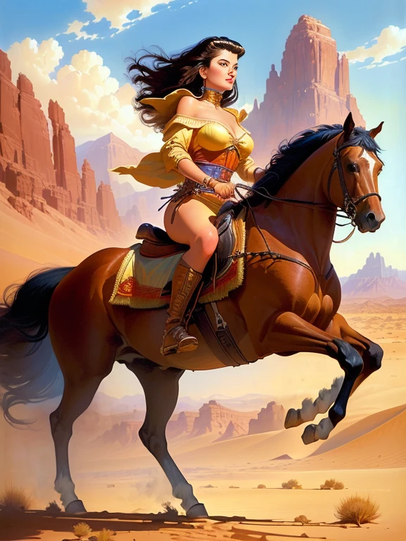 Painting of a woman riding a horse in the desert with mountains in the background, Tim Hildebrandt, inspired Greg Hildebrand, Greg Hildebrand, Tim and Greg Hildebrandt, inspired by mote artist, Greg Hildebrand 非常に詳細, Boris Vallejo's style, Boris Vallejo Style, Boris Vallejo and Ilya Kuvshinov