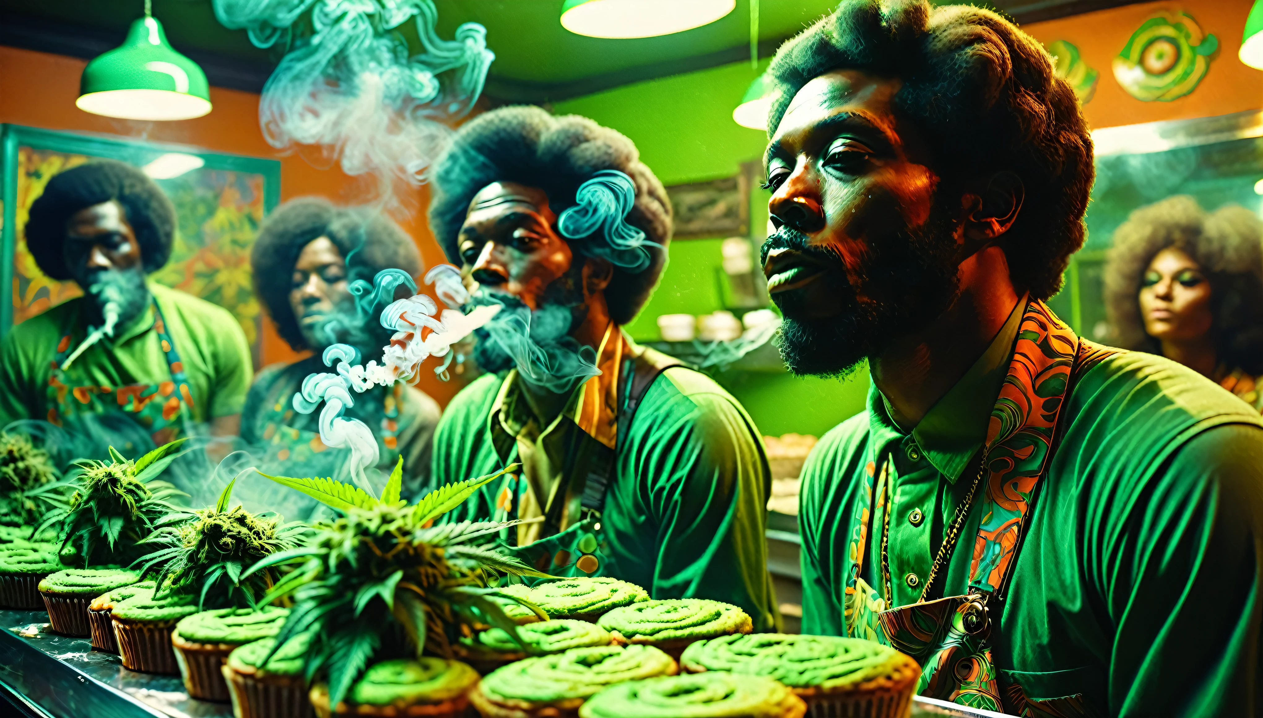 1970s psychedelic marijuana bakery, African-American people, green smokey atmosphere, 35mm, atmospheric perspective, depth of field, cinematic lighting, reflection light, backlighting, masterpiece, anatomically correct, textured skin, super detail
