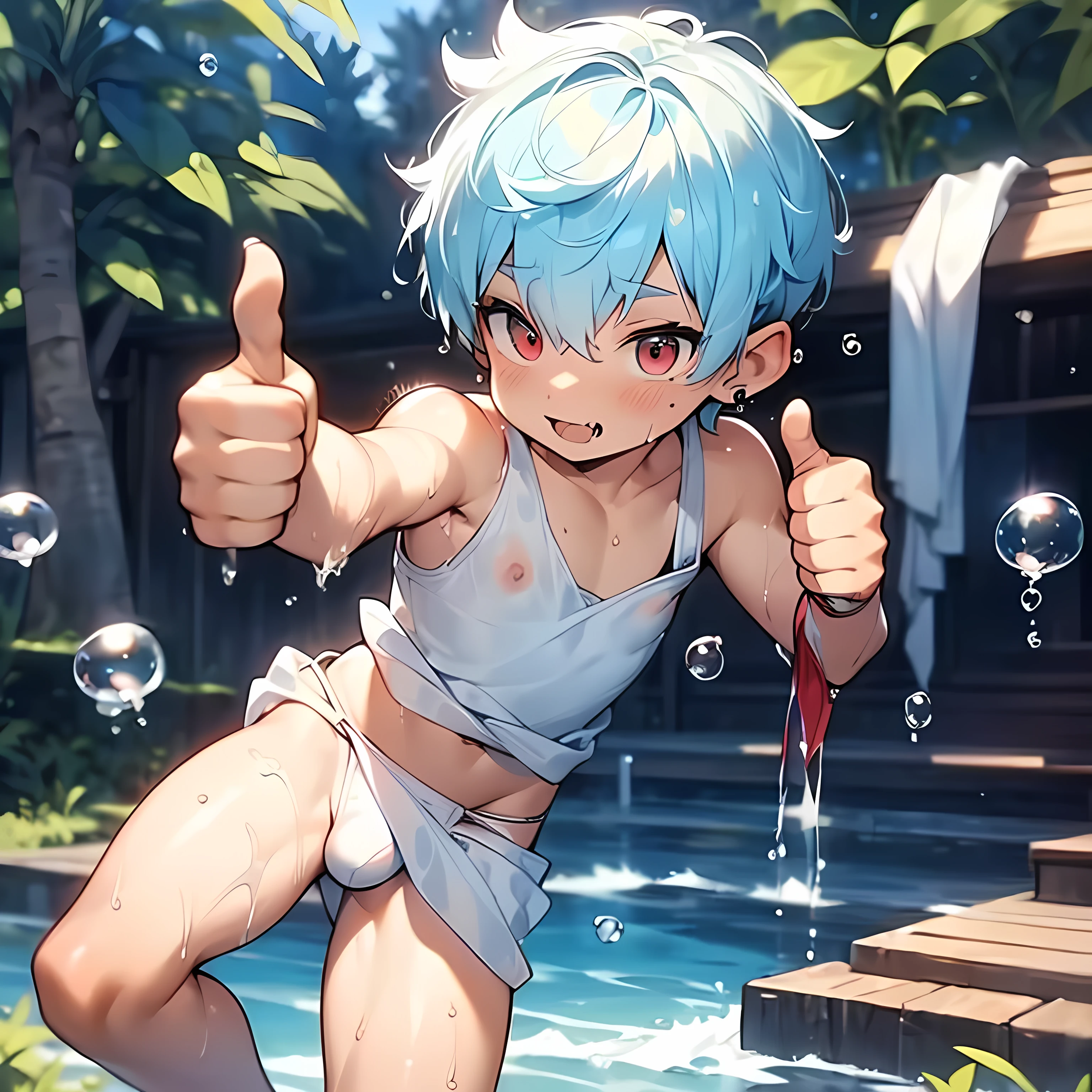 (boldline:-1.6), (dynamic pose:1.3), (arched back:1.3), ((bubble)), (thumbs up:1.5), (spread legs:1.3), (standing:1.5), (((fang))), (((best finger))), BREAK (best quality:1.5), (absolutely resolution:1.5), (ultra detailed:1.5), (masterpiece:1.5), (perfect face:1.5), (detailed face:1.3), (detailed eyes:1.5), (best eyes:1.5), (cute face), (shota:1.7), BREAK (white tank top:1.5), BREAK (white loincloth:1.5), (see throgh wet clothes:1.5), (bulge:1.6), (skinny:1.3), (spiked hair), BREAK (light blue hair:1.5), (wine red eyes:1.4), (eyes with highlight:1.4), ((mole under eye)), (sweaty skin), (chuckling:1.5), (blush), ((earrings)), (shiny skin:1.3), BREAK (nature), (river), (forest), (sunlight), ((wind blowing)), (((nipple))), abs, groin, water splashing,