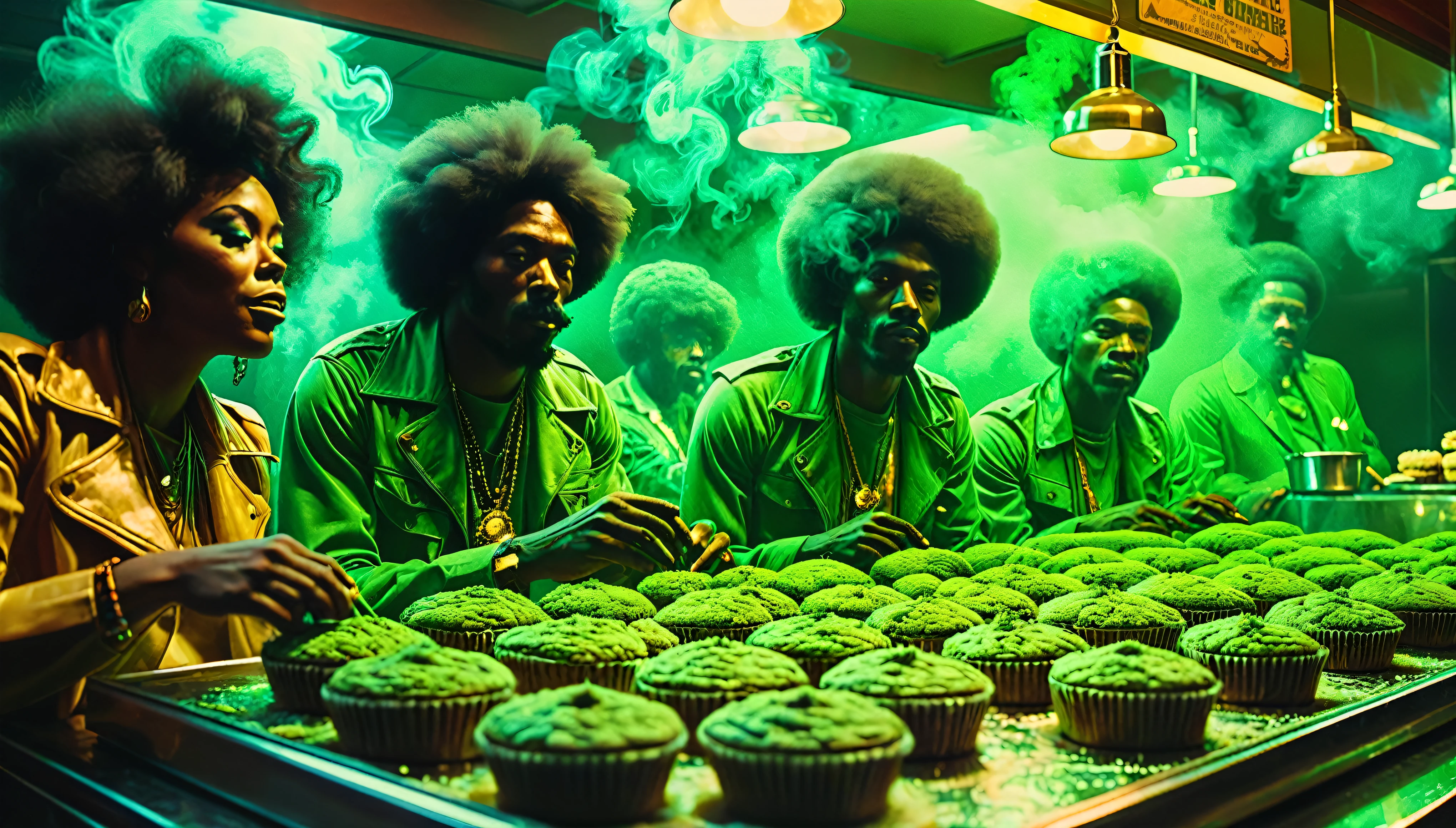 1970s psychedelic marijuana bakery, African-American people, green smokey atmosphere, 35mm, atmospheric perspective, depth of field, cinematic lighting, reflection light, backlighting, masterpiece, anatomically correct, textured skin, super detail