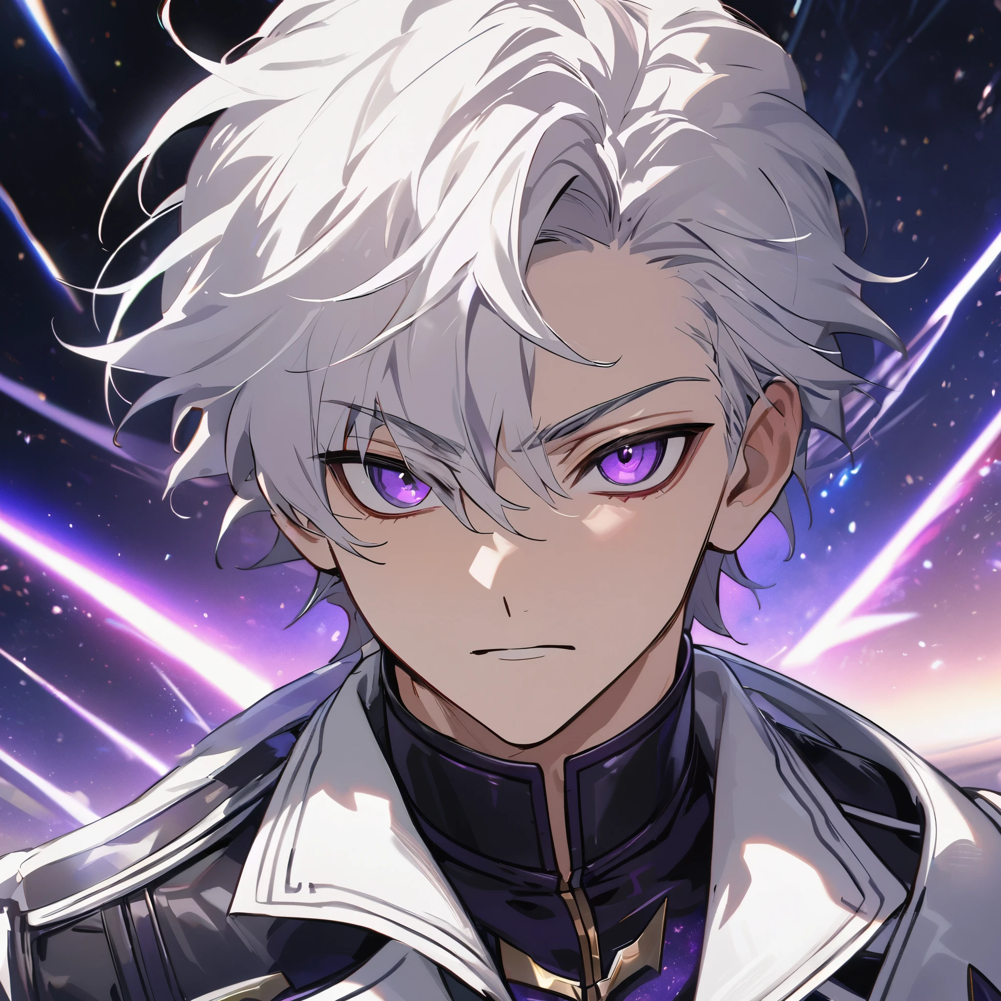High quality, HD, 4k, handsome male, 1male, , teenager, golden lining, short white hair, sharp eyes, dark purple eyes, deep purple eyes, devil may cry, close up, calm expression, stoic expression, black leather clothes, white leather clothing, lean and muscular, upper body, looking at viewer, cowboy shot, white solar, space background